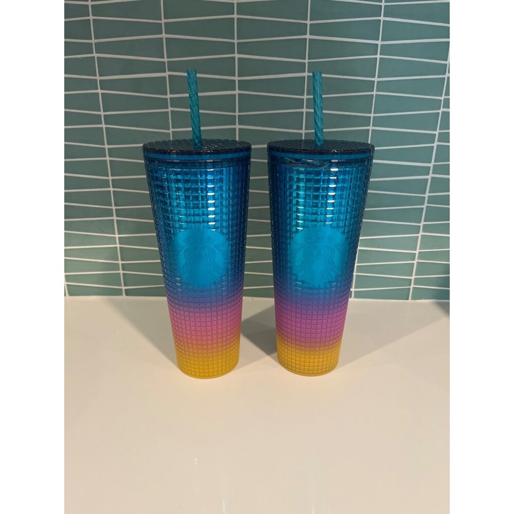 Starbucks Gradient Ombre Blue Pink Yellow Studded Tumbler With Straw 24 Oz Cup